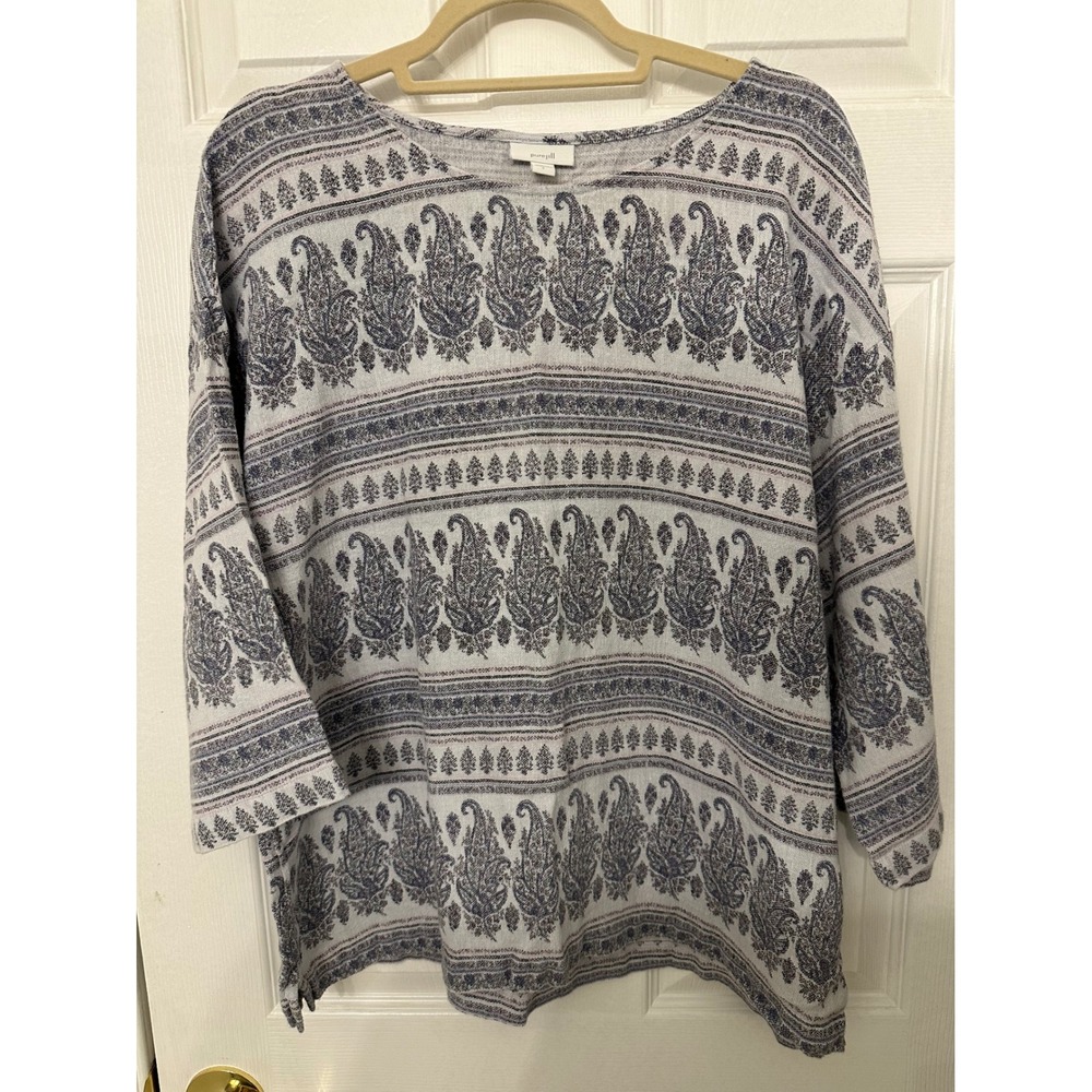 Pure Jill J. Jill Hemp Cotton Paisley Print 3/4 Sleeve Top Blue Grey Large